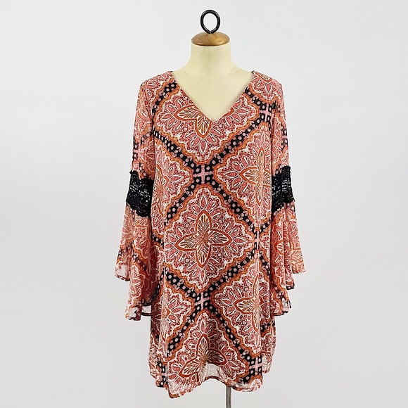 Paper Crane Anthropologie Boho Paisley Dress Long Sleeve V-Neck Orange S… - Picture 1 of 4